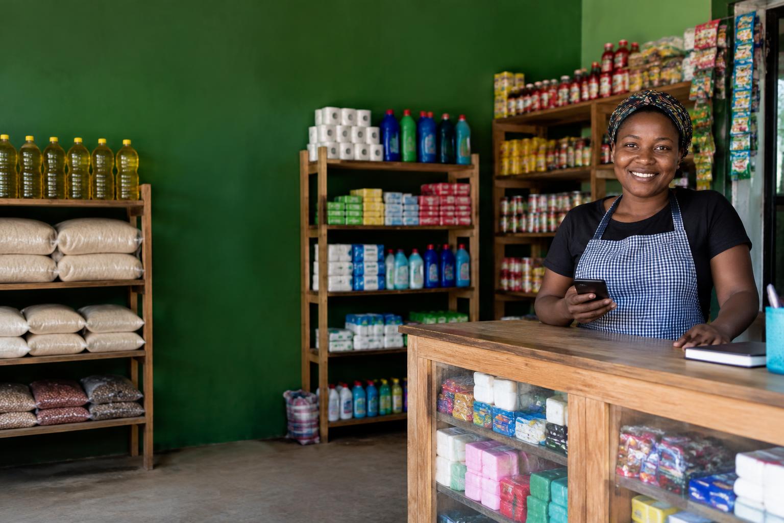 Comerciante numa pequena loja organizada
